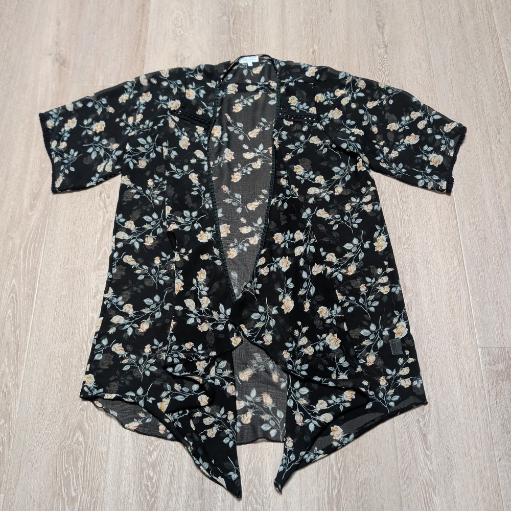 Emory Park Floral Cardigan Kimono Womens XL Black Rose Sheer Boho Open Front
